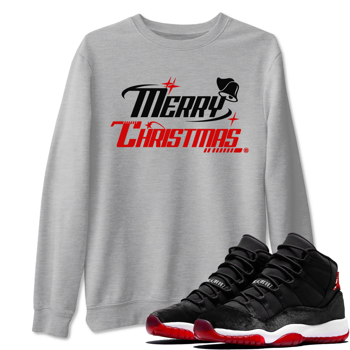 11s Bred Velvet shirts to match jordans Y2K Merry Christmas sneaker match tees Air Jordan 11 WMNS Bred Velvet match shoes to clothes Drip Gear Zone unisex cotton Heather Grey 1 shirts