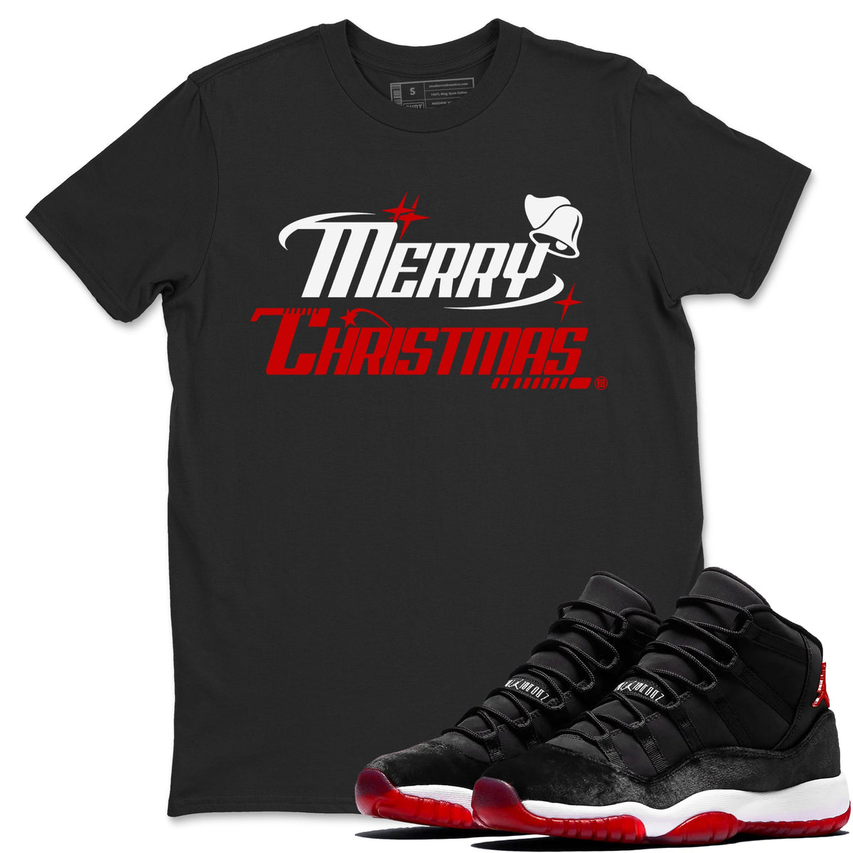 11s Bred Velvet shirts to match jordans Y2K Merry Christmas sneaker match tees Air Jordan 11 WMNS Bred Velvet match shoes to clothes Drip Gear Zone unisex cotton Black 1 shirts