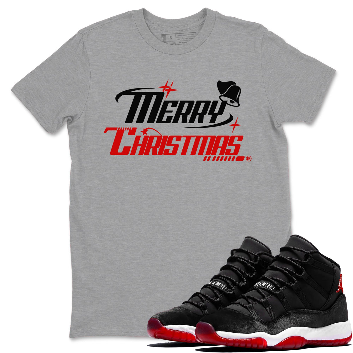 11s Bred Velvet shirts to match jordans Y2K Merry Christmas sneaker match tees Air Jordan 11 WMNS Bred Velvet match shoes to clothes Drip Gear Zone unisex cotton Heather Grey 1 shirts
