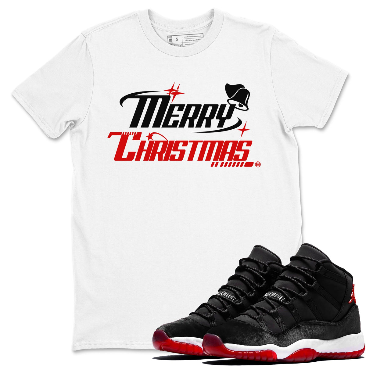 11s Bred Velvet shirts to match jordans Y2K Merry Christmas sneaker match tees Air Jordan 11 WMNS Bred Velvet match shoes to clothes Drip Gear Zone unisex cotton White 1 shirts