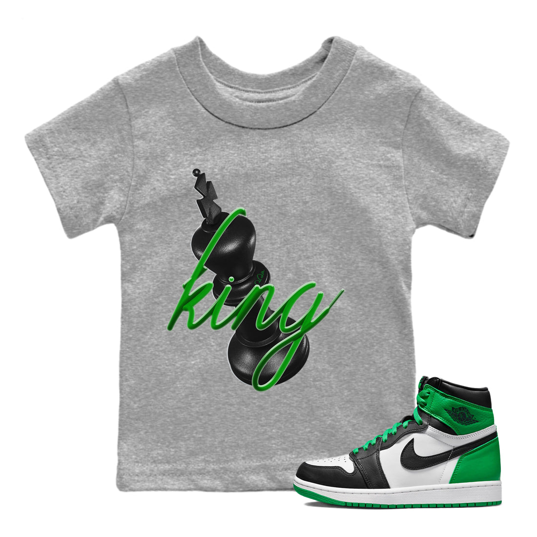 Air Jordan 1 Celtics Sneaker Match Tees 3D King Streetwear Sneaker Shirt AJ1 High OG Lucky Green Sneaker Release Tees Kids Shirts Heather Grey 1