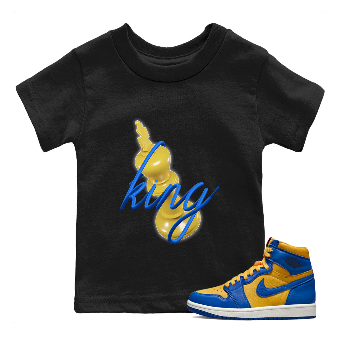 Jordan 1 Game Royal Varsity Maize Sneaker Matching T-Shirt 3D King Sneaker Tees Jordan 1 Game Royal Varsity Maize Sneaker Release Tees Kids Shirts