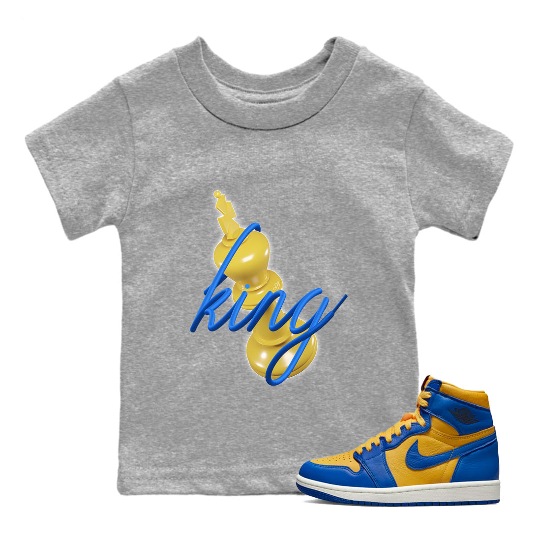 Jordan 1 Game Royal Varsity Maize Sneaker Matching T-Shirt 3D King Sneaker Tees Jordan 1 Game Royal Varsity Maize Sneaker Release Tees Kids Shirts