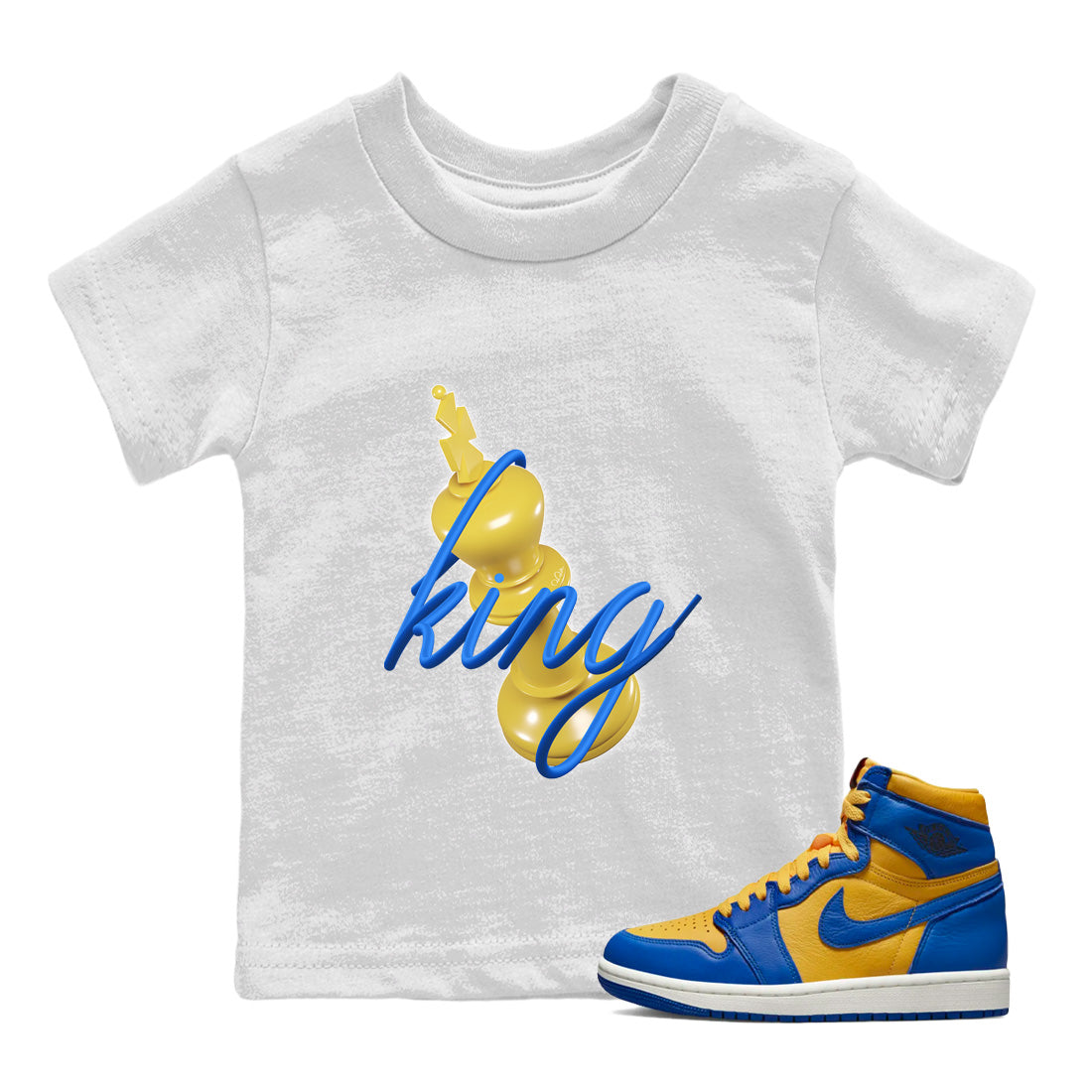 Jordan 1 Game Royal Varsity Maize Sneaker Matching T-Shirt 3D King Sneaker Tees Jordan 1 Game Royal Varsity Maize Sneaker Release Tees Kids Shirts
