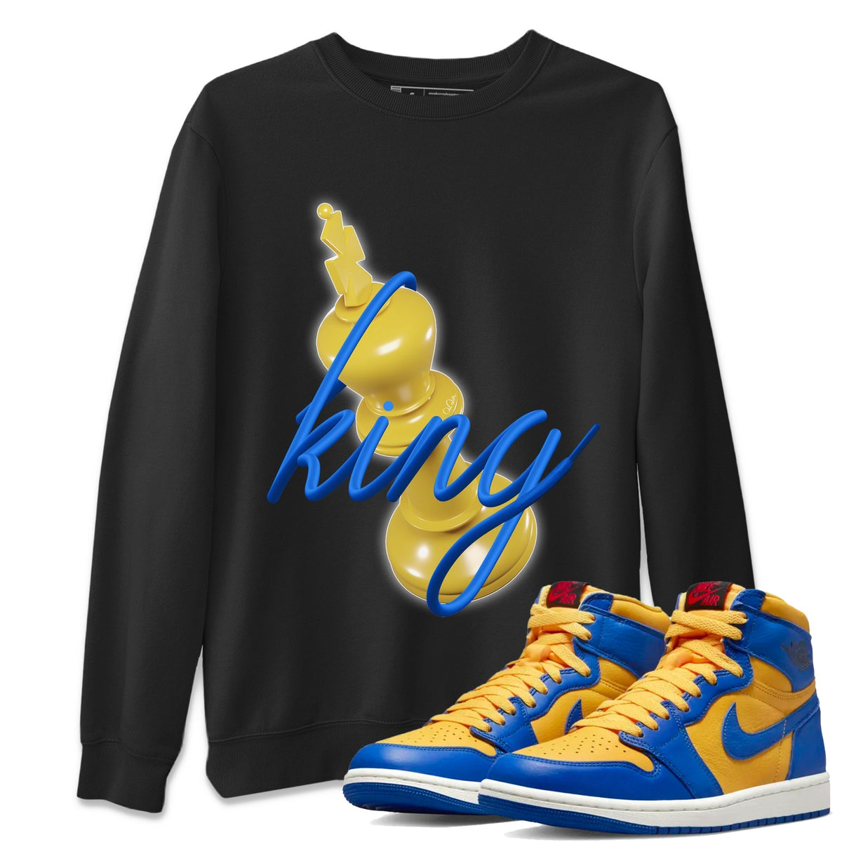 Jordan 1 Game Royal Varsity Maize Sneaker Matching T-Shirt 3D King Sneaker Tees Jordan 1 Game Royal Varsity Maize Sneaker Release Tees Crew Neck Tees