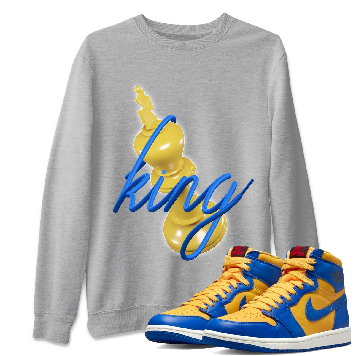 Jordan 1 Game Royal Varsity Maize Sneaker Matching T-Shirt 3D King Sneaker Tees Jordan 1 Game Royal Varsity Maize Sneaker Release Tees Crew Neck Tees