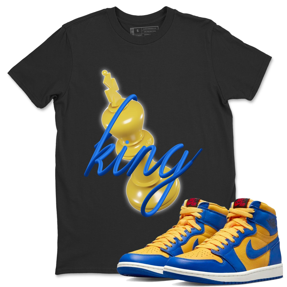 Jordan 1 Game Royal Varsity Maize Sneaker Matching T-Shirt 3D King Sneaker Tees Jordan 1 Game Royal Varsity Maize Sneaker Release Tees Crew Neck Tees