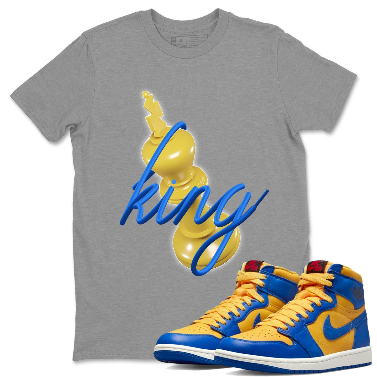 Jordan 1 Game Royal Varsity Maize Sneaker Matching T-Shirt 3D King Sneaker Tees Jordan 1 Game Royal Varsity Maize Sneaker Release Tees Crew Neck Tees