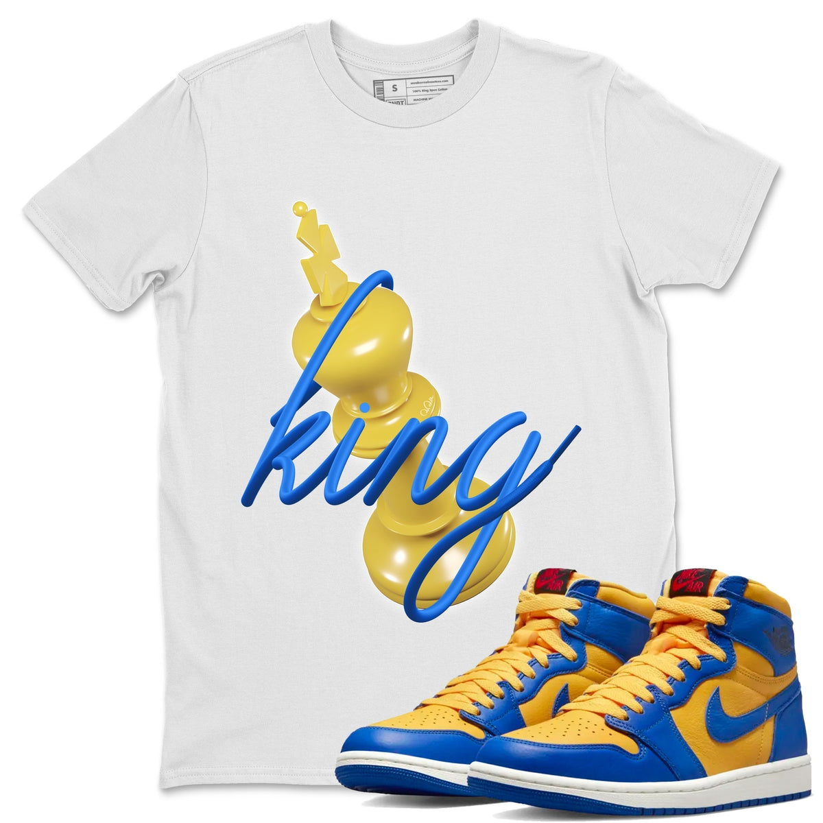 Jordan 1 Game Royal Varsity Maize Sneaker Matching T-Shirt 3D King Sneaker Tees Jordan 1 Game Royal Varsity Maize Sneaker Release Tees Crew Neck Tees