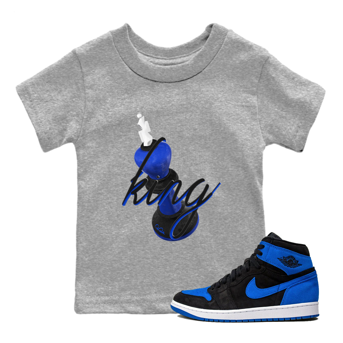 Air Jordan 1 Royal Reimagined shirt to match jordans 3D King sneaker tees AJ1 OG HIGH Royal Reimagined Drip Gear Zone Kids Baby Toddler sneaker shirts Heather Grey 1 T-Shirt