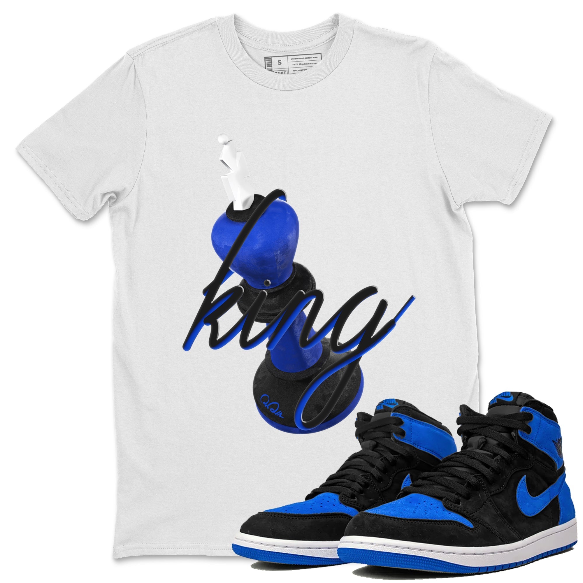 Air Jordan 1 Royal Reimagined shirt to match jordans 3D King sneaker tees AJ1 OG HIGH Royal Reimagined Drip Gear Zone Unisex Sneaker Tees and Sneaker Match T-Shirt White 1 T-Shirt