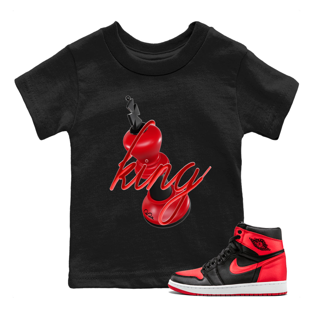 Air Jordan 1 Satin Bred Sneaker Match Tees 3D King Streetwear Sneaker Shirt AJ1 Satin Bred Sneaker Release Tees Kids Shirts Black 1