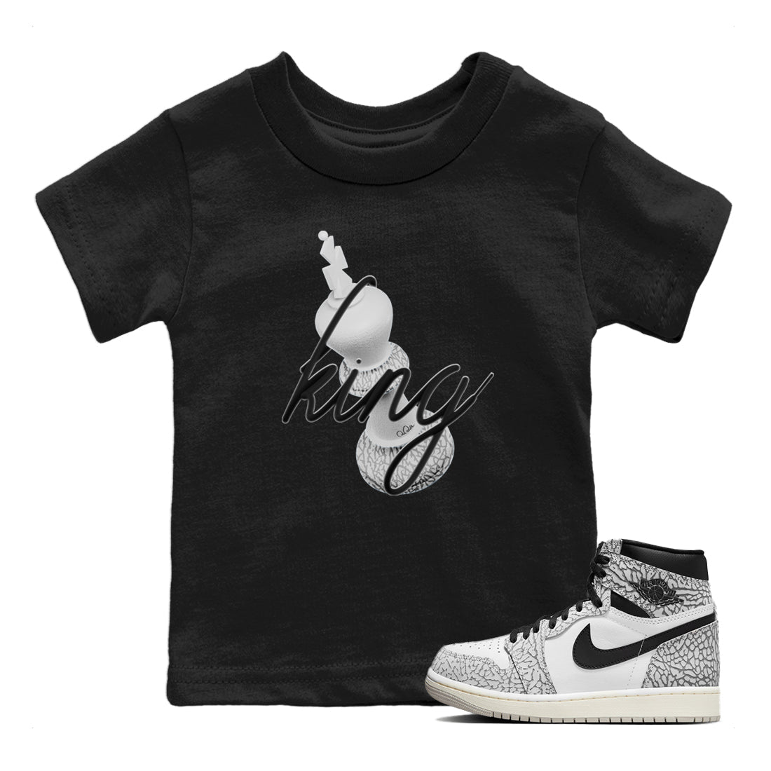 Air Jordan 1 White Cement Sneaker Match Tees 3D King Streetwear Sneaker Shirt AJ1 White Cement Sneaker Release Tees Kids Shirts Black 1