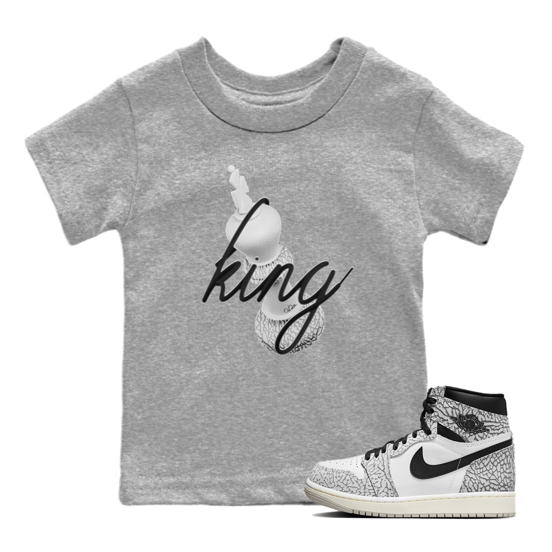 Air Jordan 1 White Cement Sneaker Match Tees 3D King Streetwear Sneaker Shirt AJ1 White Cement Sneaker Release Tees Kids Shirts Heather Grey 1