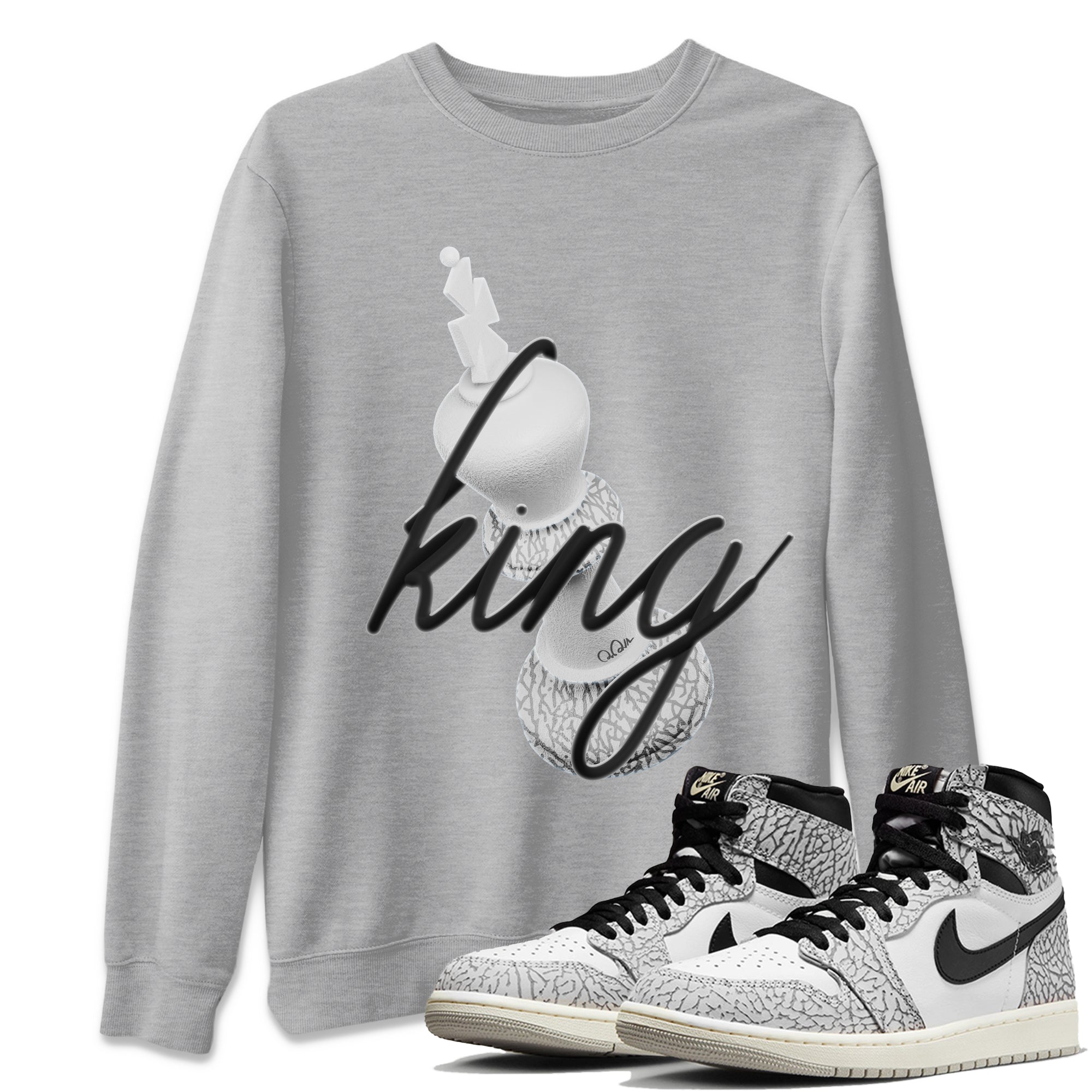 Air Jordan 1 White Cement Sneaker Match Tees 3D King Streetwear Sneaker Shirt AJ1 White Cement Sneaker Release Tees Unisex Shirts Heather Grey 1