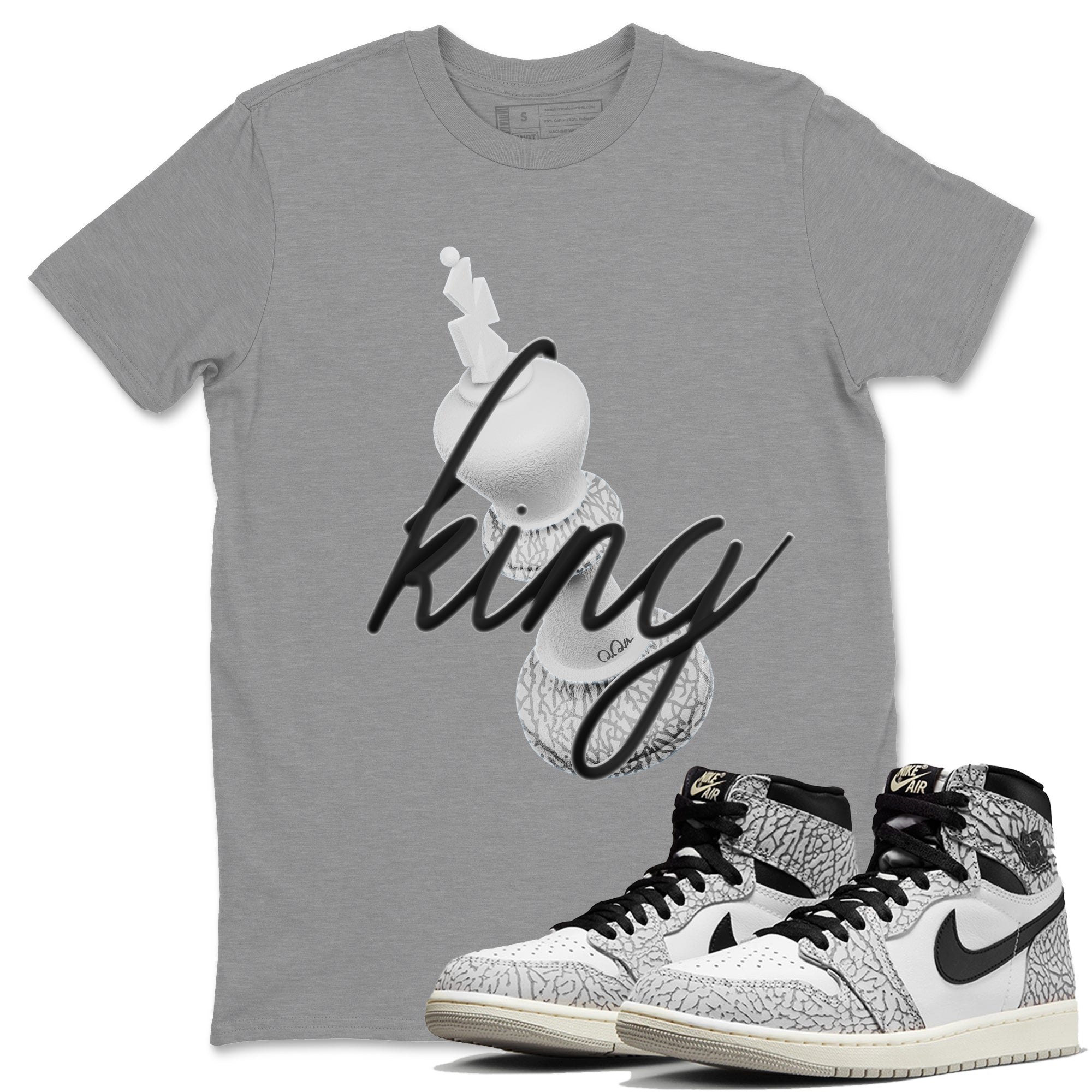 Air Jordan 1 White Cement Sneaker Match Tees 3D King Streetwear Sneaker Shirt AJ1 White Cement Sneaker Release Tees Unisex Shirts Heather Grey 1