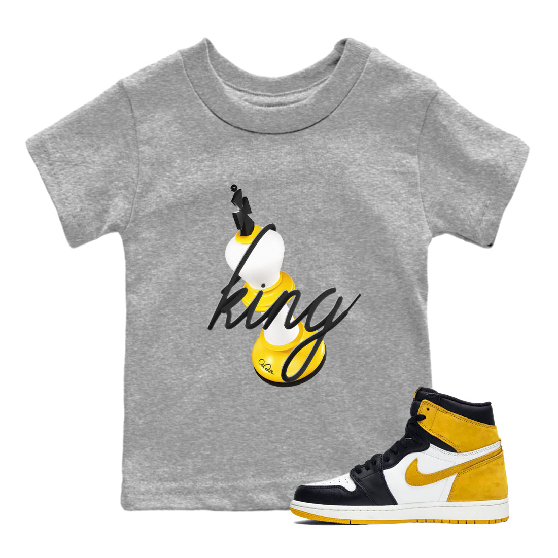 1s Yellow Ochre shirt to match jordans 3D King sneaker tees streetwear brand Air Jordan 1 Yellow Ochre Drip Gear Zone Brand baby toddler Heather Grey 1 cotton Shirt
