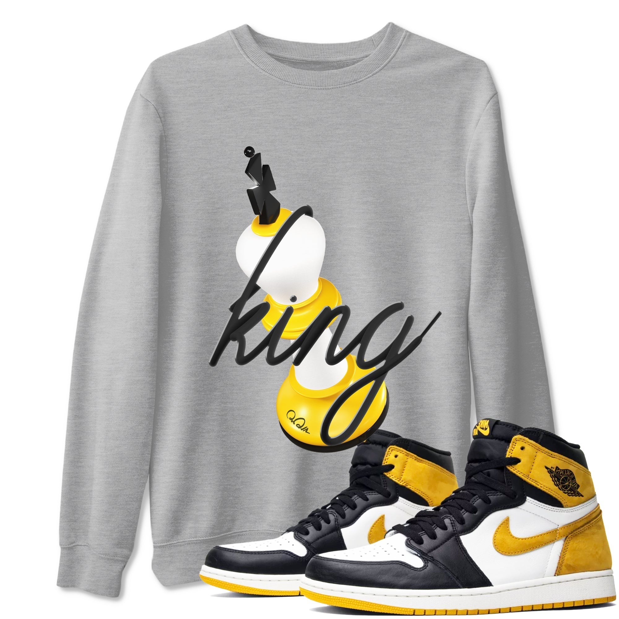 1s Yellow Ochre shirt to match jordans 3D King sneaker tees streetwear brand Air Jordan 1 Yellow Ochre Drip Gear Zone Brand unisex cotton Heather Grey 1 crew neck shirt