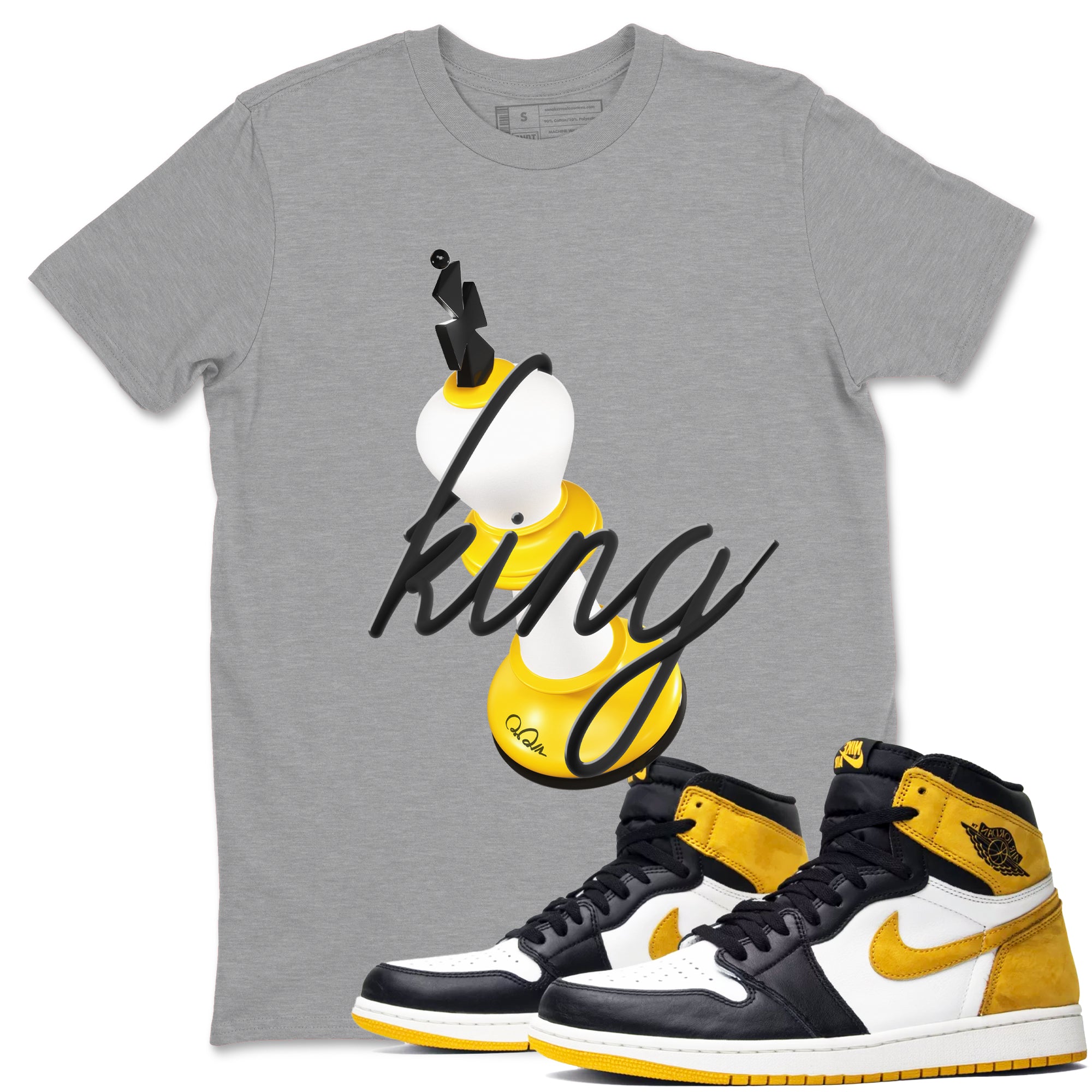 1s Yellow Ochre shirt to match jordans 3D King sneaker tees streetwear brand Air Jordan 1 Yellow Ochre Drip Gear Zone Brand unisex cotton Heather Grey 1 crew neck shirt