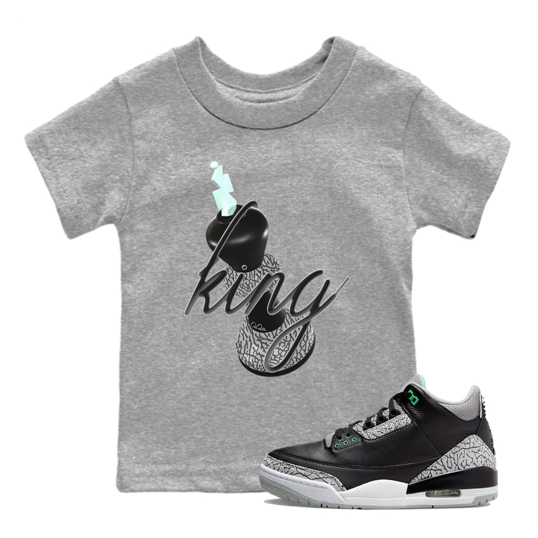 3s Green Glow shirt to match jordans 3D King sneaker tees Air Jordan 3 Green Glow Drip Gear Zone baby toddler Heather Grey 1 cotton Shirt