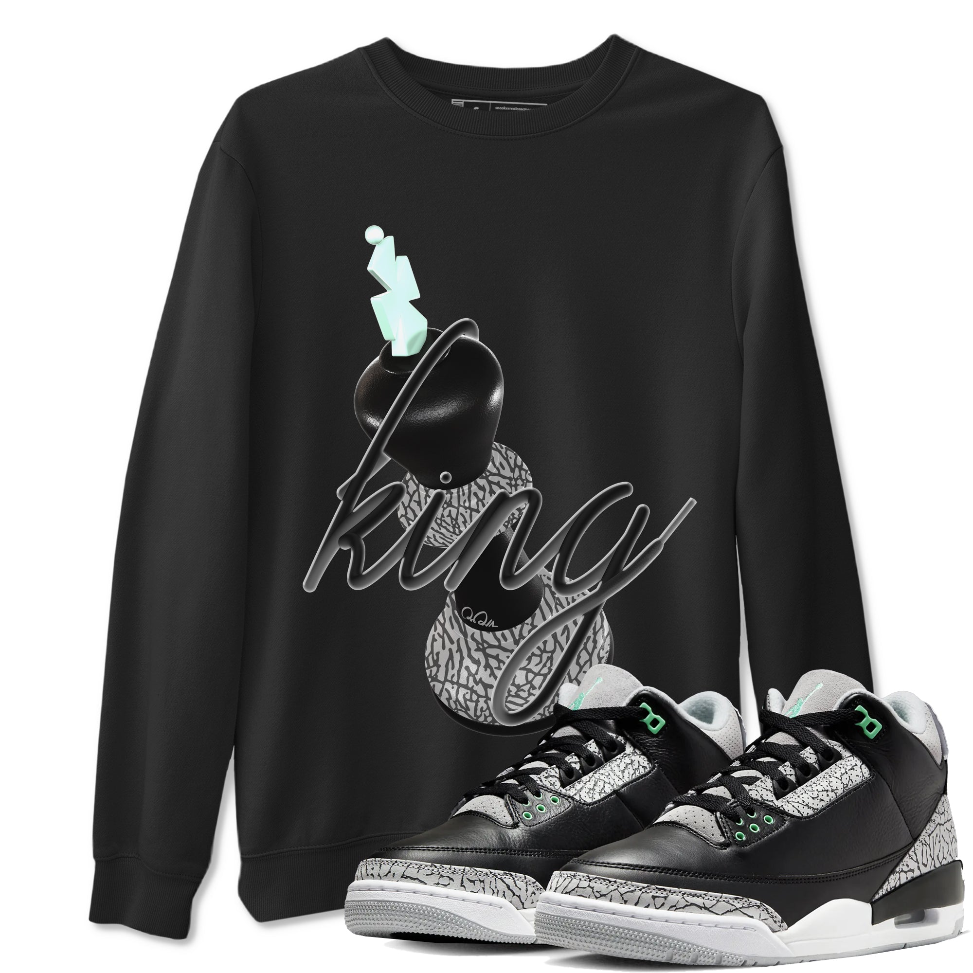3s Green Glow shirt to match jordans 3D King sneaker tees Air Jordan 3 Green Glow Drip Gear Zone unisex cotton Black 1 crew neck shirt