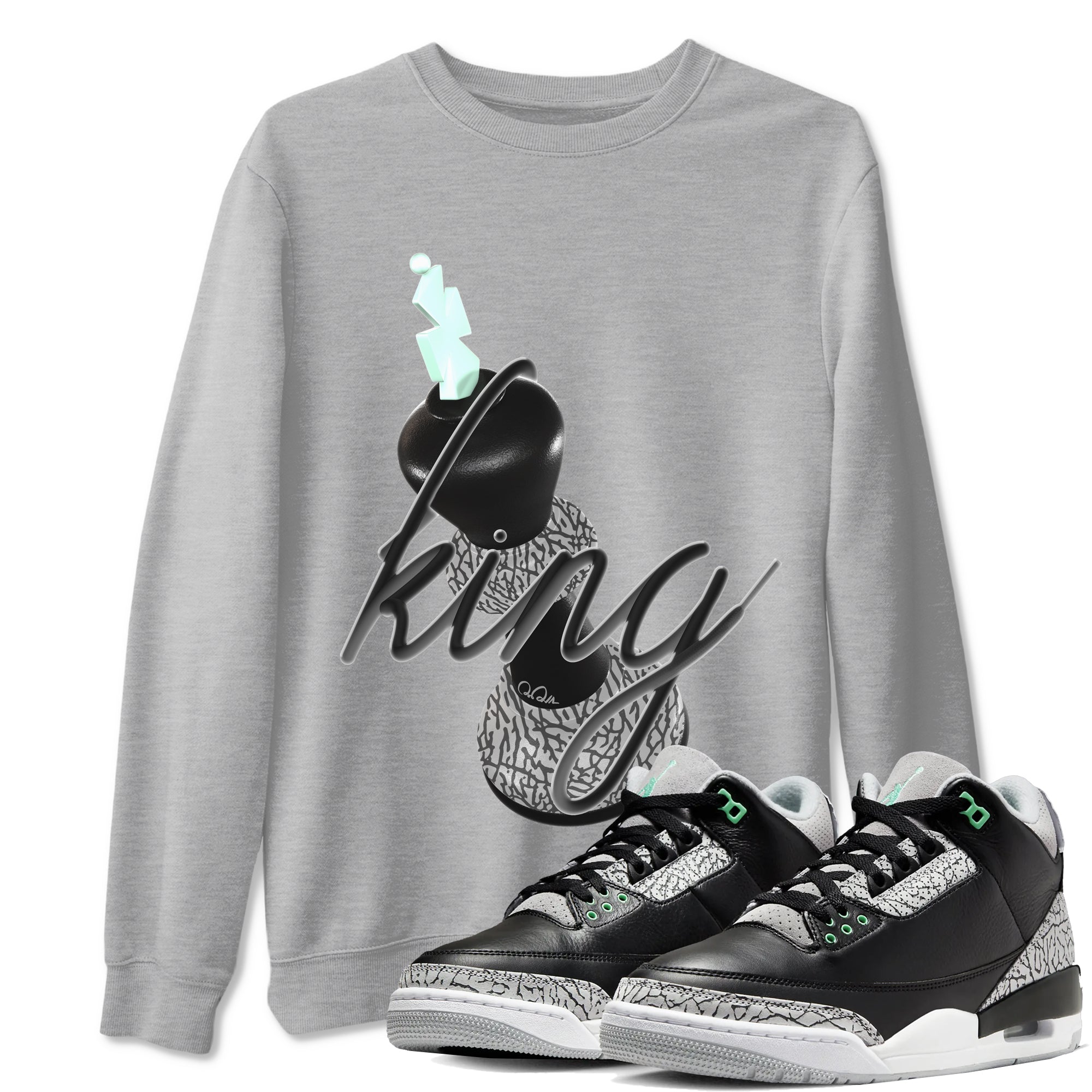 3s Green Glow shirt to match jordans 3D King sneaker tees Air Jordan 3 Green Glow Drip Gear Zone unisex cotton Heather Grey 1 crew neck shirt