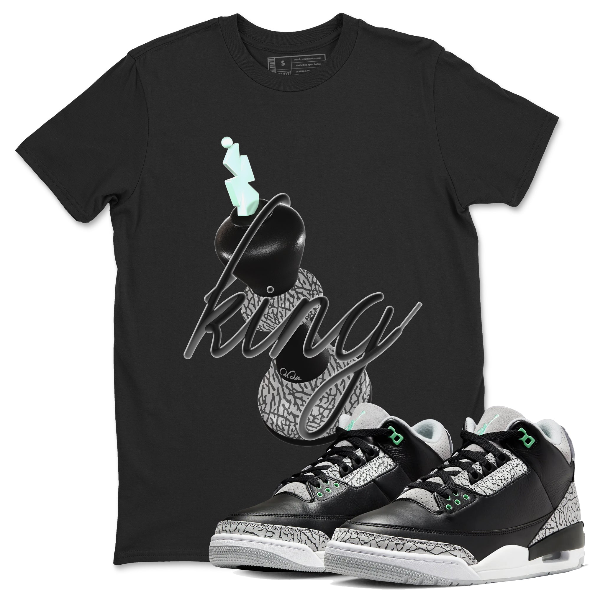 3s Green Glow shirt to match jordans 3D King sneaker tees Air Jordan 3 Green Glow Drip Gear Zone unisex cotton Black 1 crew neck shirt