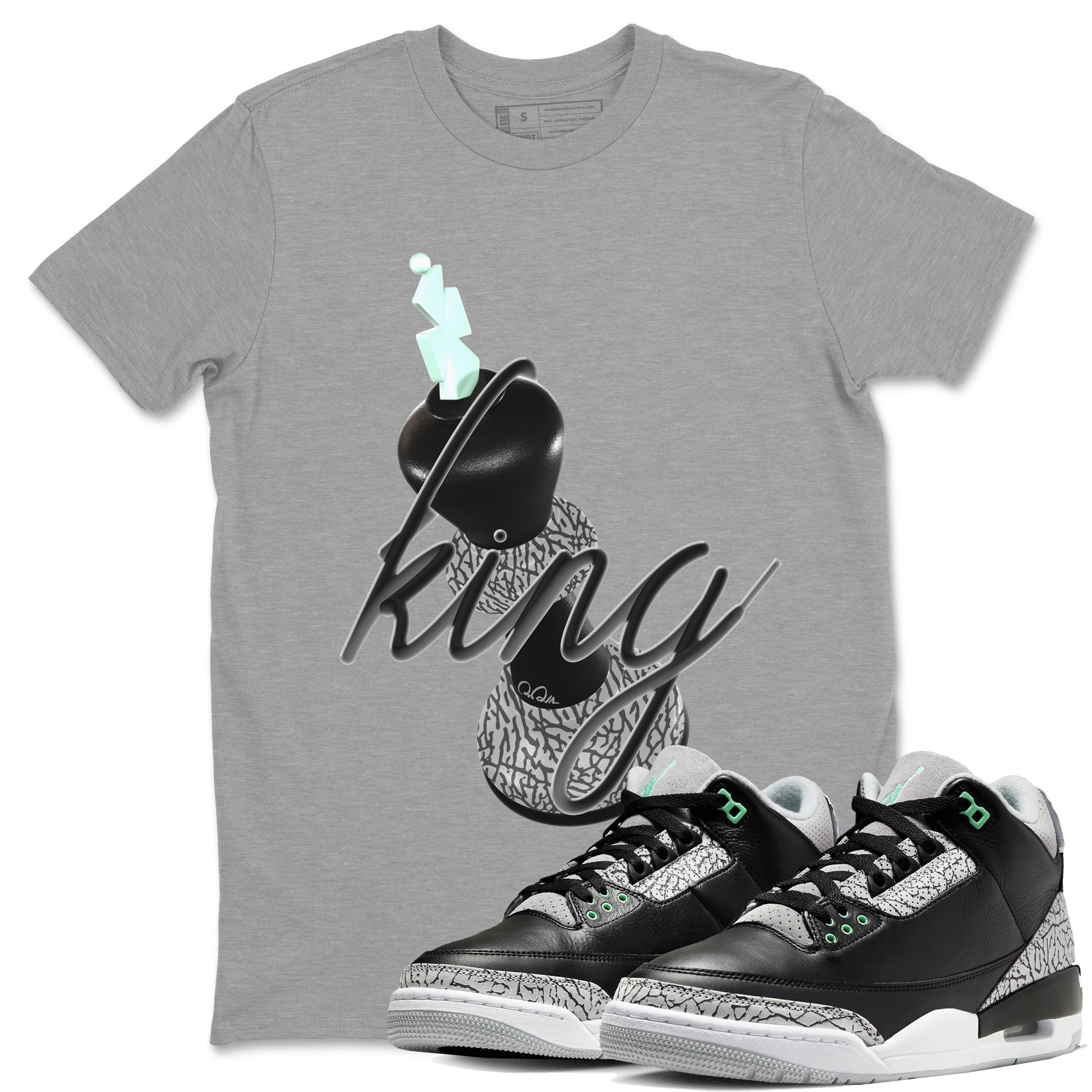 3s Green Glow shirt to match jordans 3D King sneaker tees Air Jordan 3 Green Glow Drip Gear Zone unisex cotton Heather Grey 1 crew neck shirt