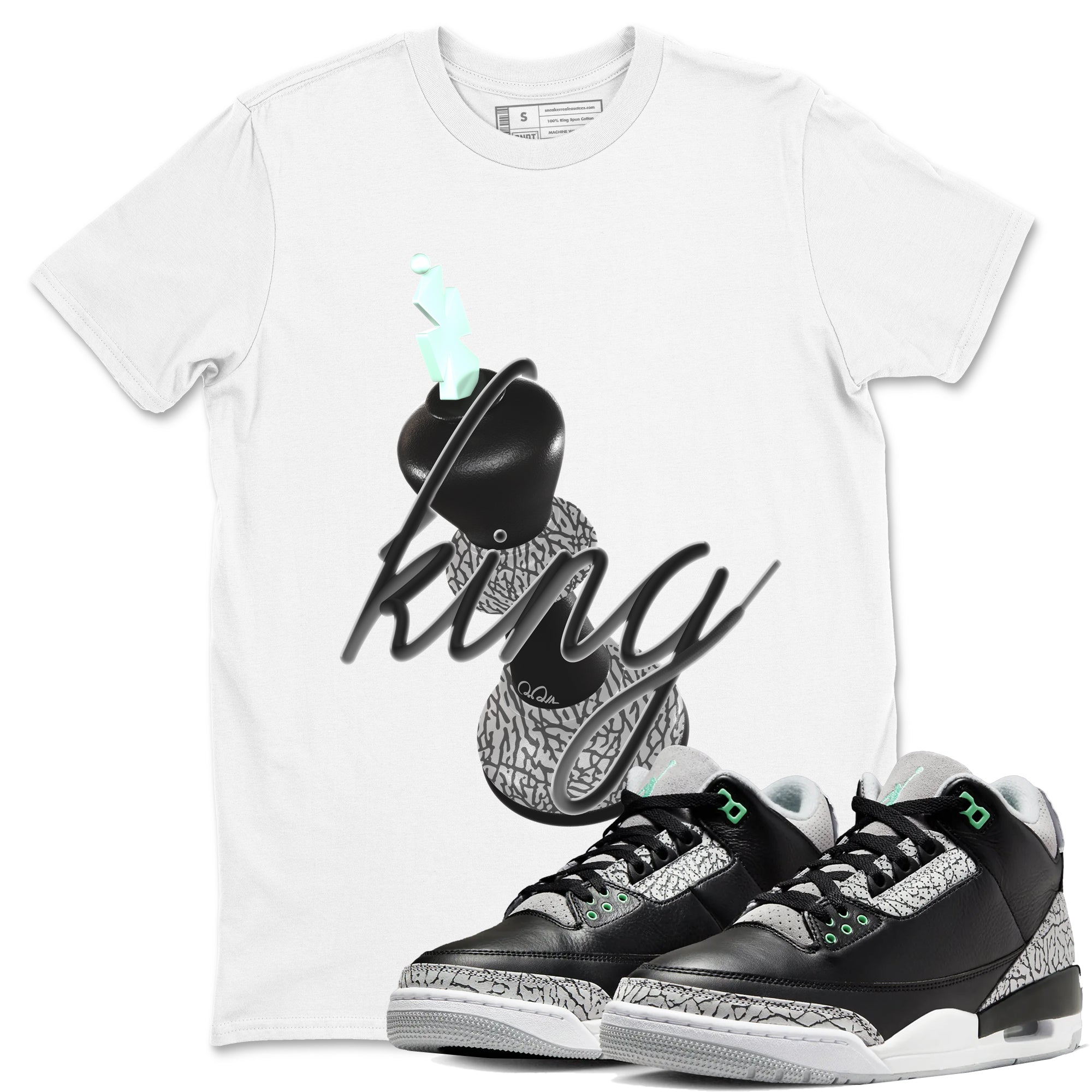3s Green Glow shirt to match jordans 3D King sneaker tees Air Jordan 3 Green Glow Drip Gear Zone unisex cotton White 1 crew neck shirt