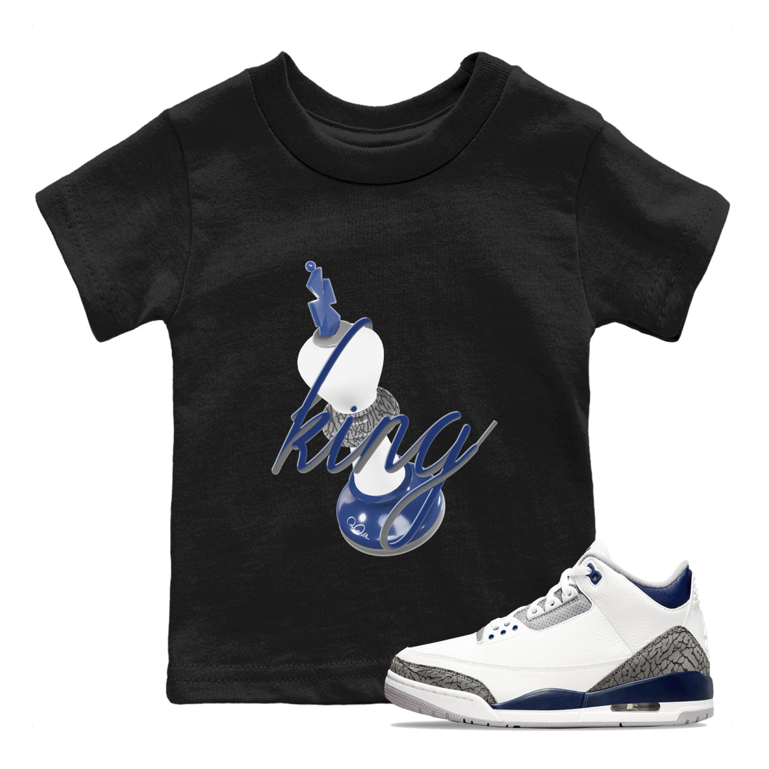 3s Midnight Navy shirt to match jordans 3D King sneaker match t-shirt AJ3 Midnight Navy Drip Gear Zone baby toddler Black 1 Crew Neck T-Shirt