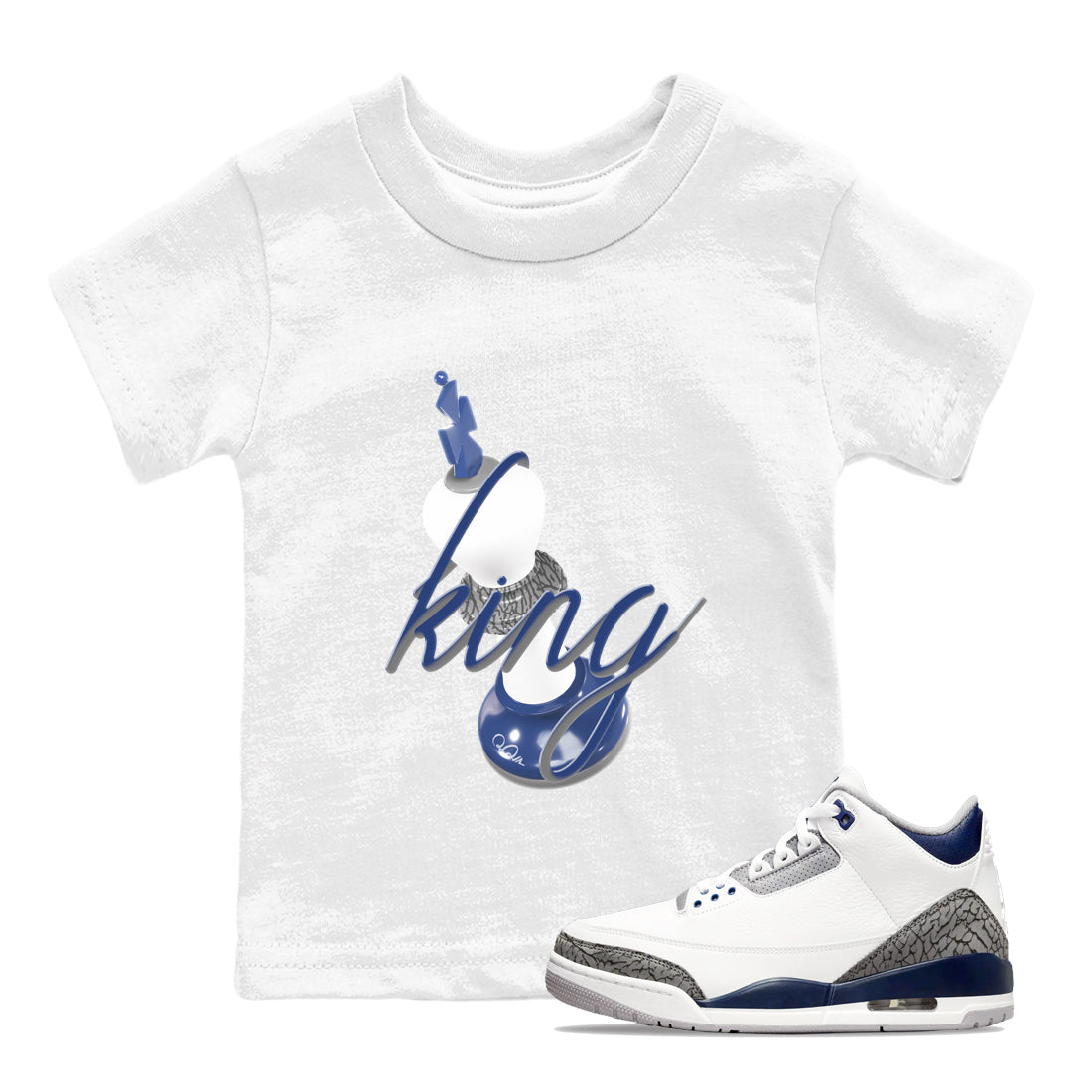 3s Midnight Navy shirt to match jordans 3D King sneaker match t-shirt AJ3 Midnight Navy Drip Gear Zone baby toddler White 1 Crew Neck T-Shirt