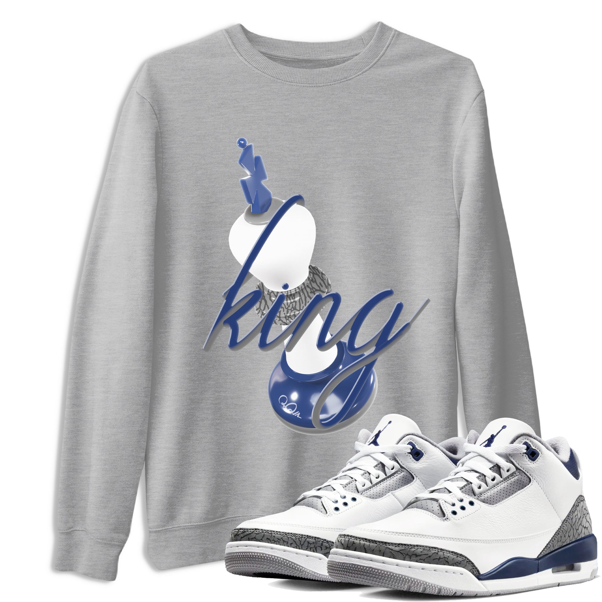 3s Midnight Navy shirt to match jordans 3D King sneaker match t-shirt AJ3 Midnight Navy Drip Gear Zone unisex cotton Heather Grey 1 Crew Neck T-Shirt