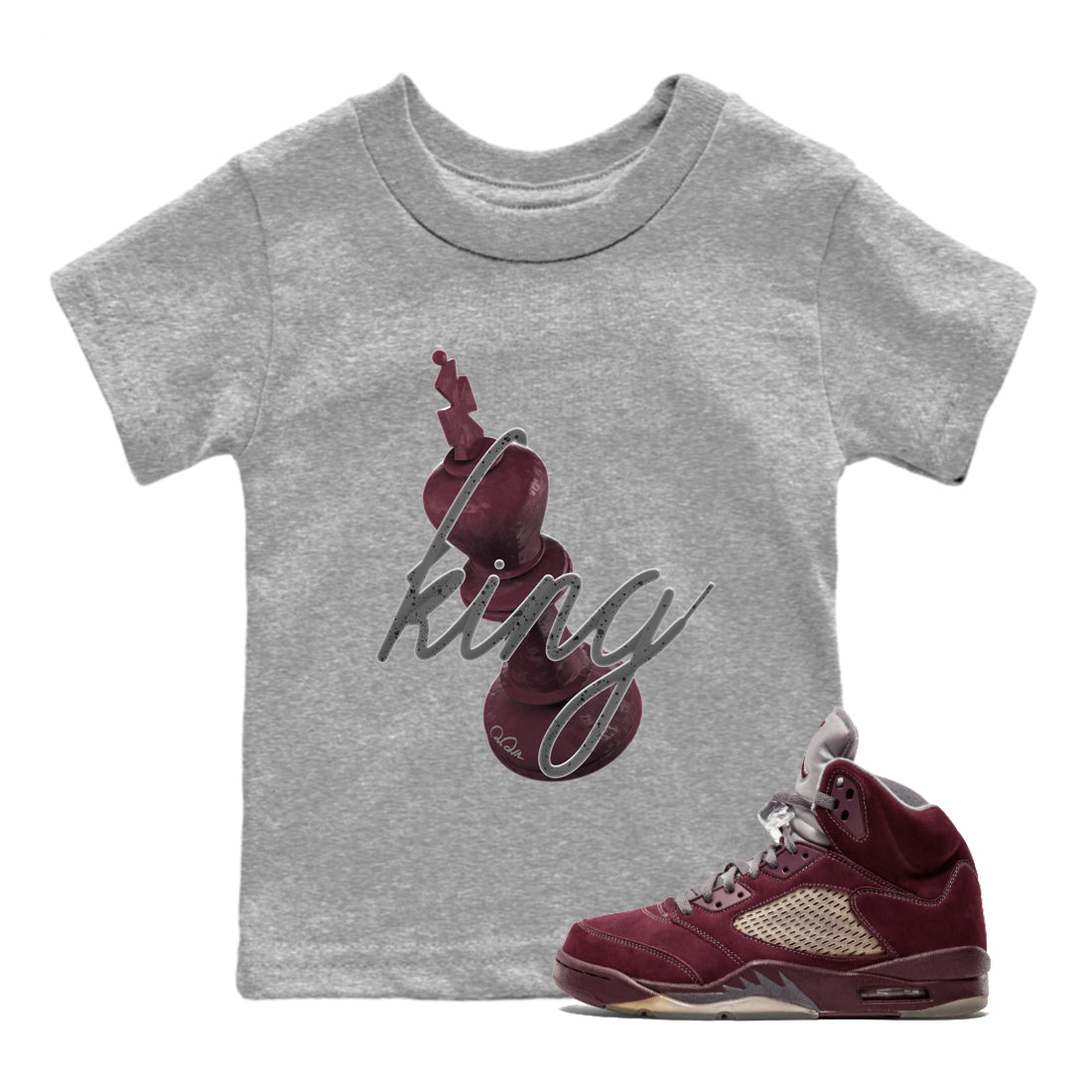 Air Jordan 5 Burgundy Sneaker Match Tees 3D King Streetwear Sneaker Shirt AJ5 Burgundy Sneaker Release Tees Kids Shirts Heather Grey 1
