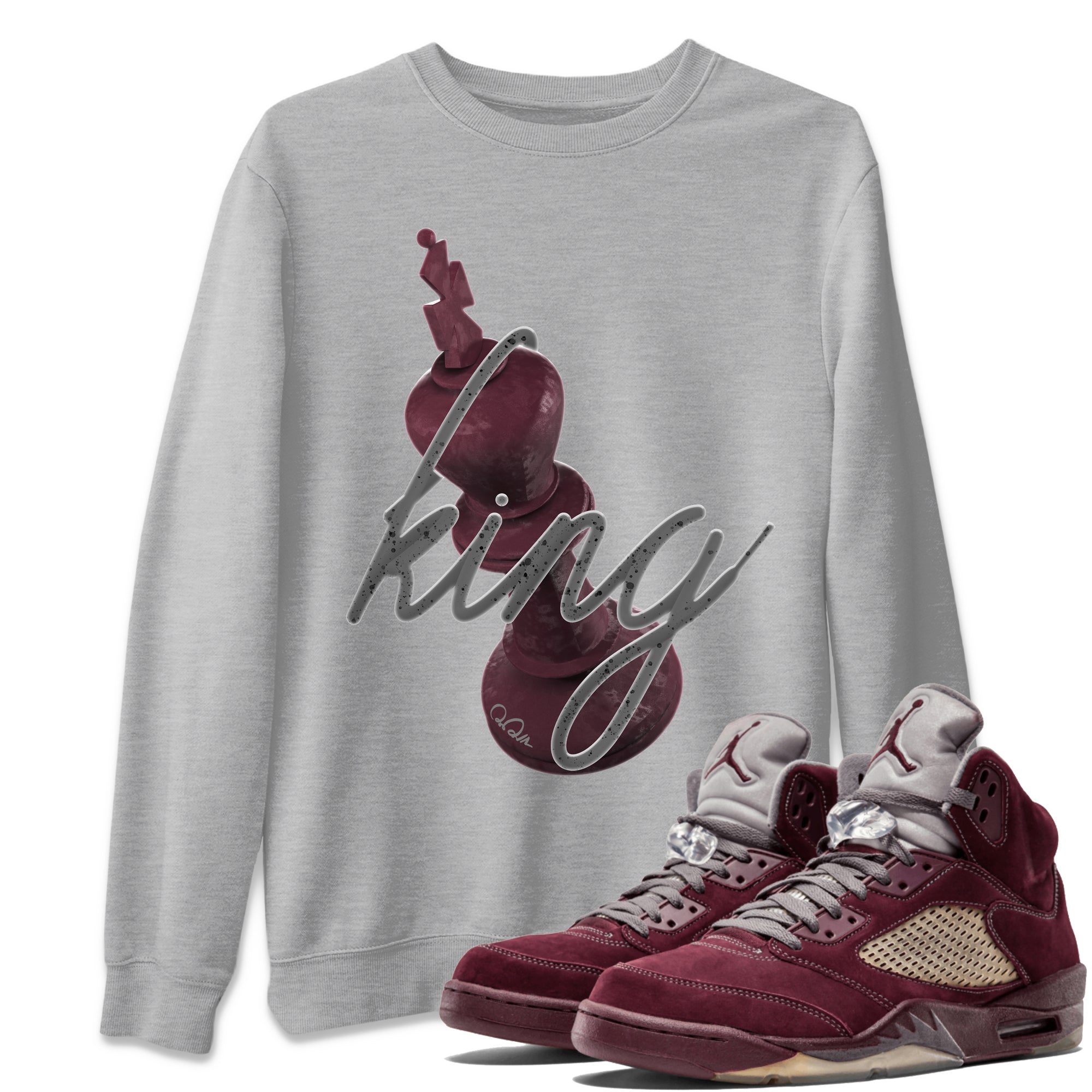 Air Jordan 5 Burgundy Sneaker Match Tees 3D King Streetwear Sneaker Shirt AJ5 Burgundy Sneaker Release Tees Unisex Shirts Heather Grey 1