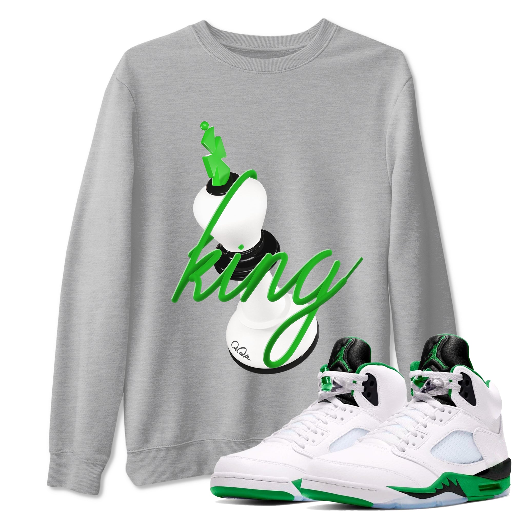 Air Jordan 5 Lucky Green shirt to match jordans 3D King sneaker tees AJ5 Lucky Green Drip Gear Zone unisex cotton Heather Grey 1 crew neck shirt
