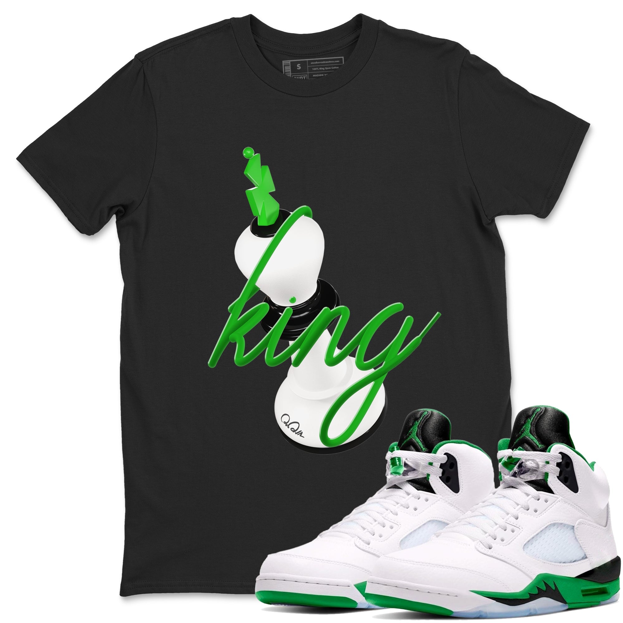 Air Jordan 5 Lucky Green shirt to match jordans 3D King sneaker tees AJ5 Lucky Green Drip Gear Zone unisex cotton Black 1 crew neck shirt