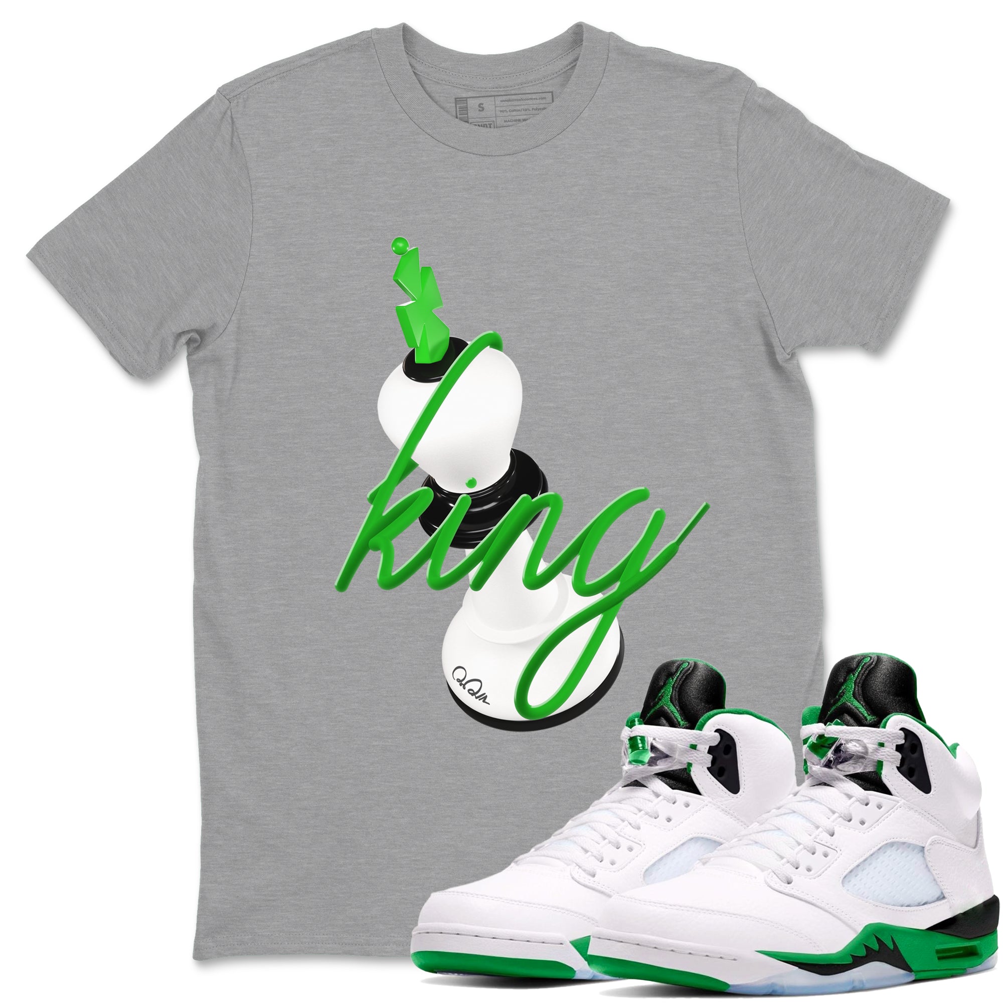 Air Jordan 5 Lucky Green shirt to match jordans 3D King sneaker tees AJ5 Lucky Green Drip Gear Zone unisex cotton Heather Grey 1 crew neck shirt