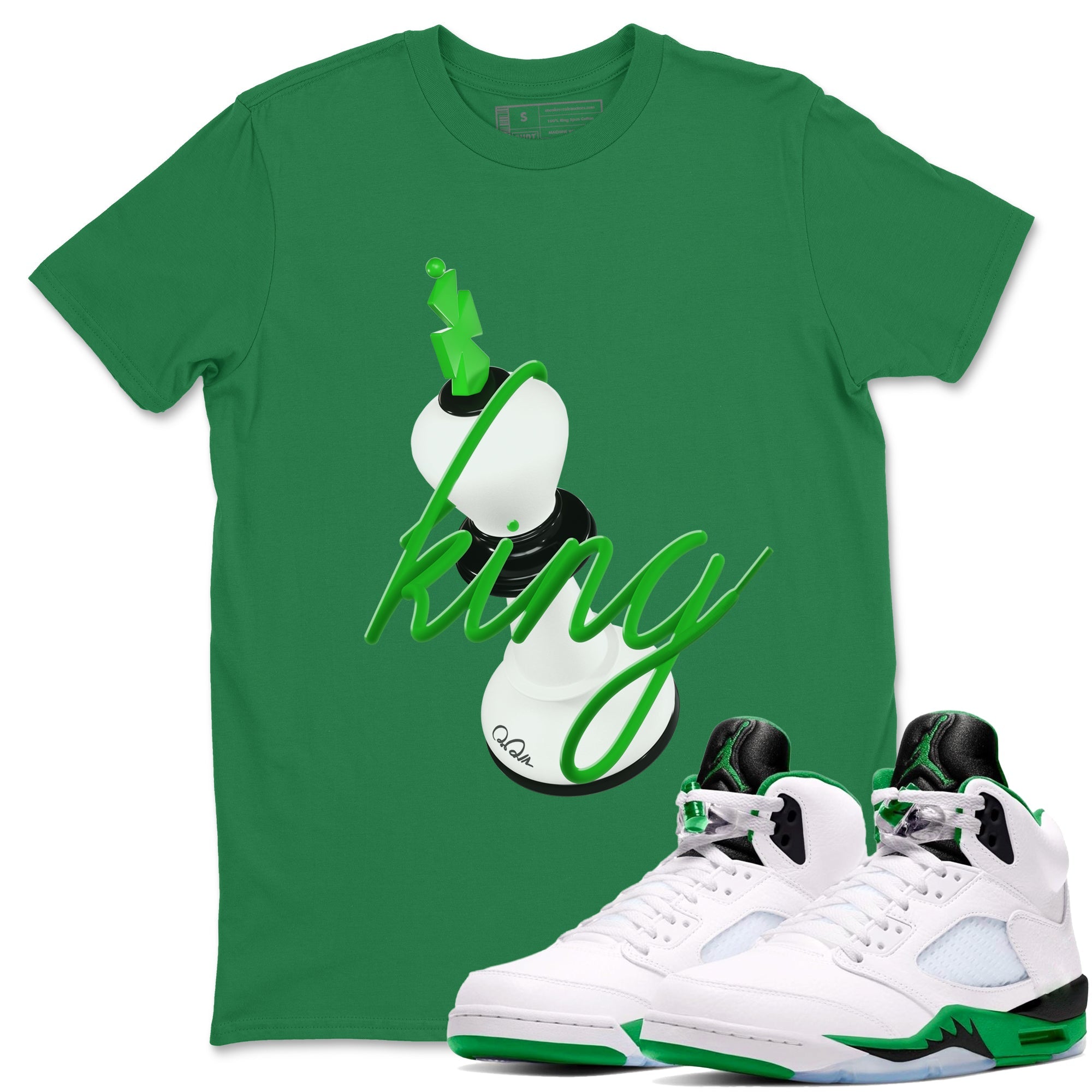 Air Jordan 5 Lucky Green shirt to match jordans 3D King sneaker tees AJ5 Lucky Green Drip Gear Zone unisex cotton Kelly Green 1 crew neck shirt