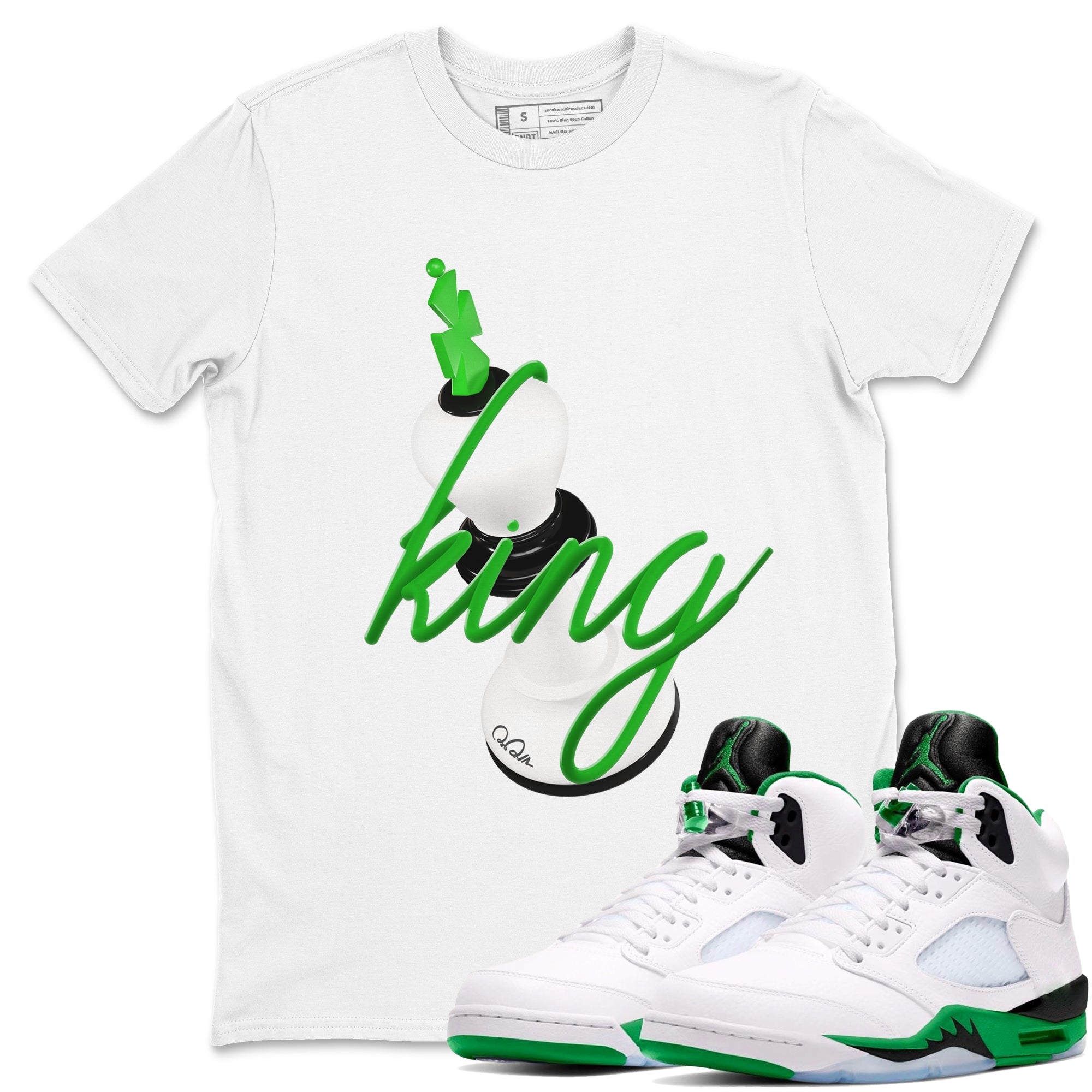 Air Jordan 5 Lucky Green shirt to match jordans 3D King sneaker tees AJ5 Lucky Green Drip Gear Zone unisex cotton White 1 crew neck shirt