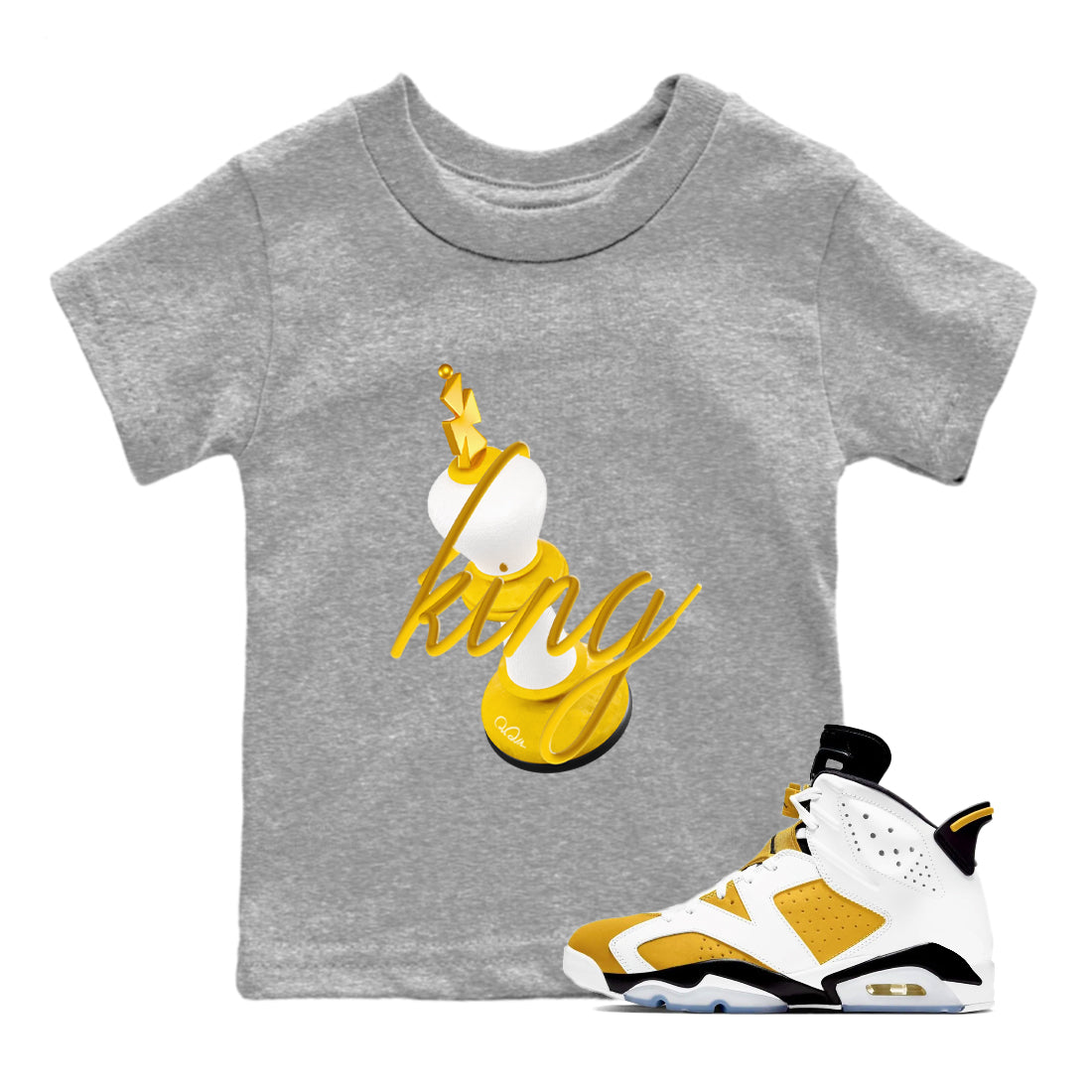 6s Yellow Ochre shirt to match jordans 3D King sneaker tees streetwear brand Air Jordan 6 Yellow Ochre Drip Gear Zone Brand Baby Toddler Heather Grey 1 T-Shirt