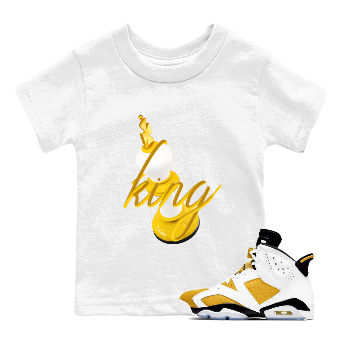 6s Yellow Ochre shirt to match jordans 3D King sneaker tees streetwear brand Air Jordan 6 Yellow Ochre Drip Gear Zone Brand Baby Toddler White 1 T-Shirt