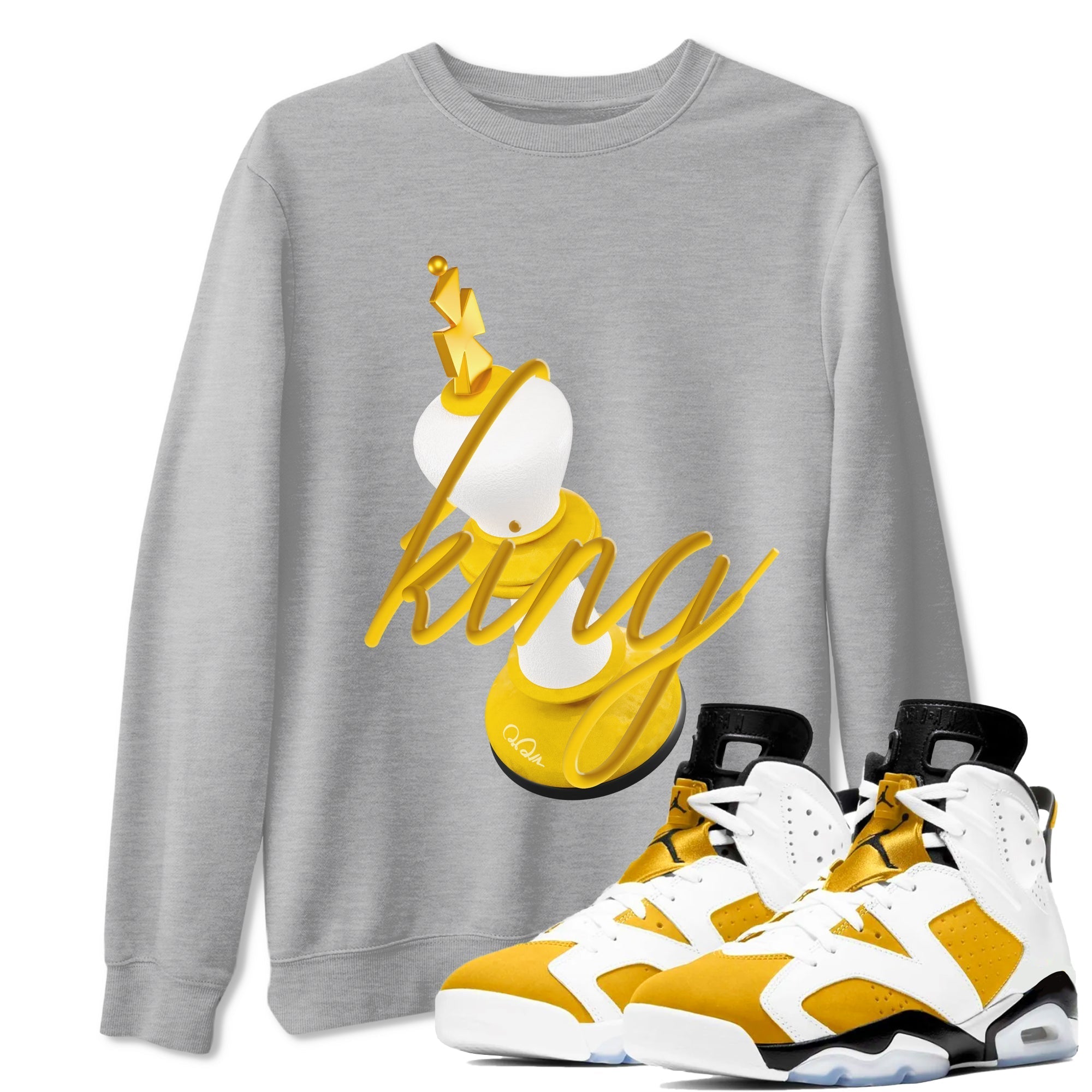 6s Yellow Ochre shirt to match jordans 3D King sneaker tees streetwear brand Air Jordan 6 Yellow Ochre Drip Gear Zone Brand Unisex Heather Grey 1 T-Shirt