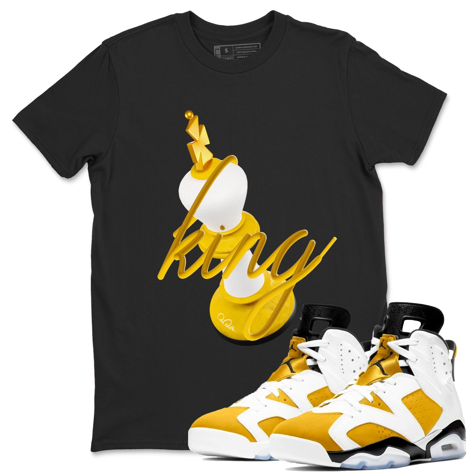6s Yellow Ochre shirt to match jordans 3D King sneaker tees streetwear brand Air Jordan 6 Yellow Ochre Drip Gear Zone Brand Unisex Black 1 T-Shirt
