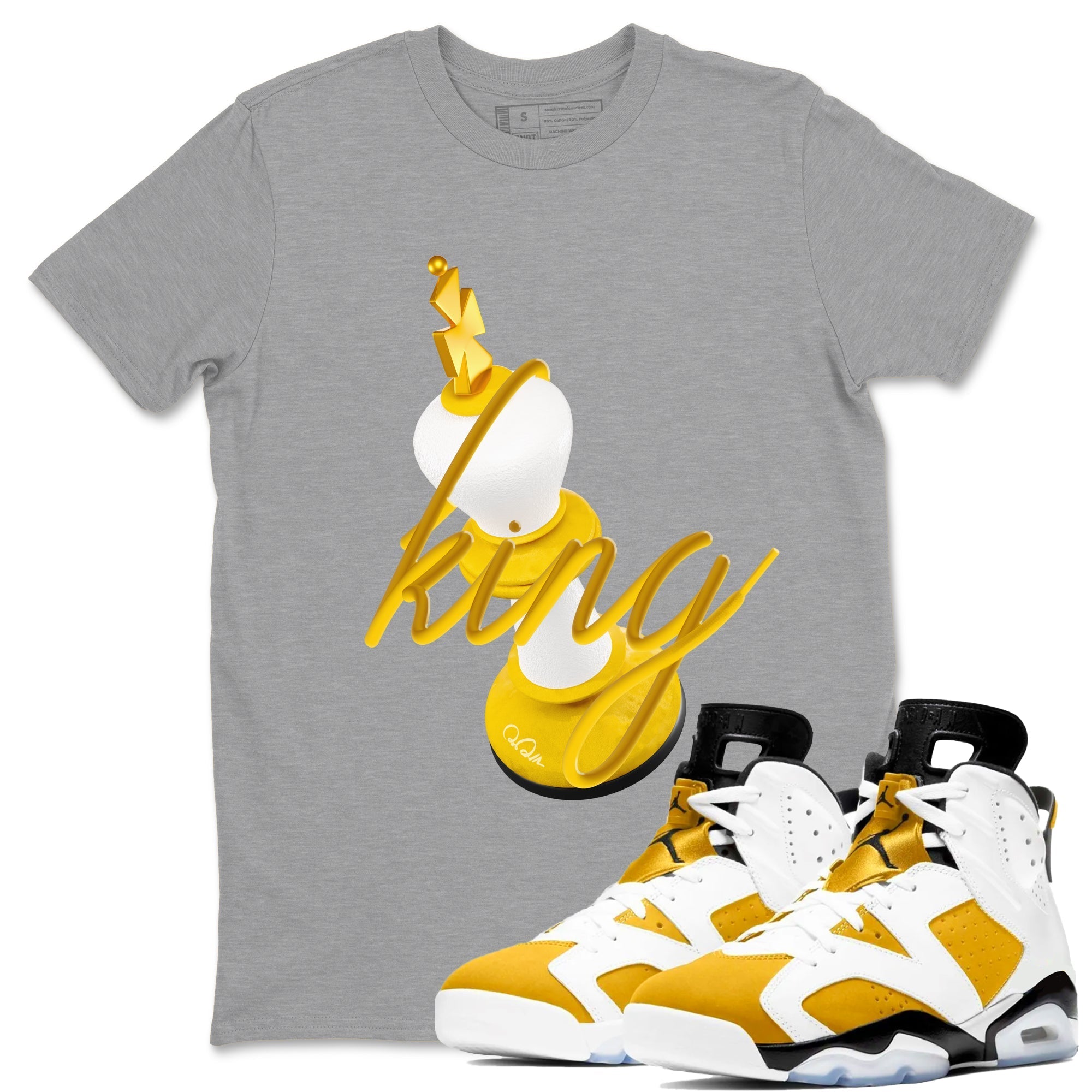 6s Yellow Ochre shirt to match jordans 3D King sneaker tees streetwear brand Air Jordan 6 Yellow Ochre Drip Gear Zone Brand Unisex Heather Grey 1 T-Shirt