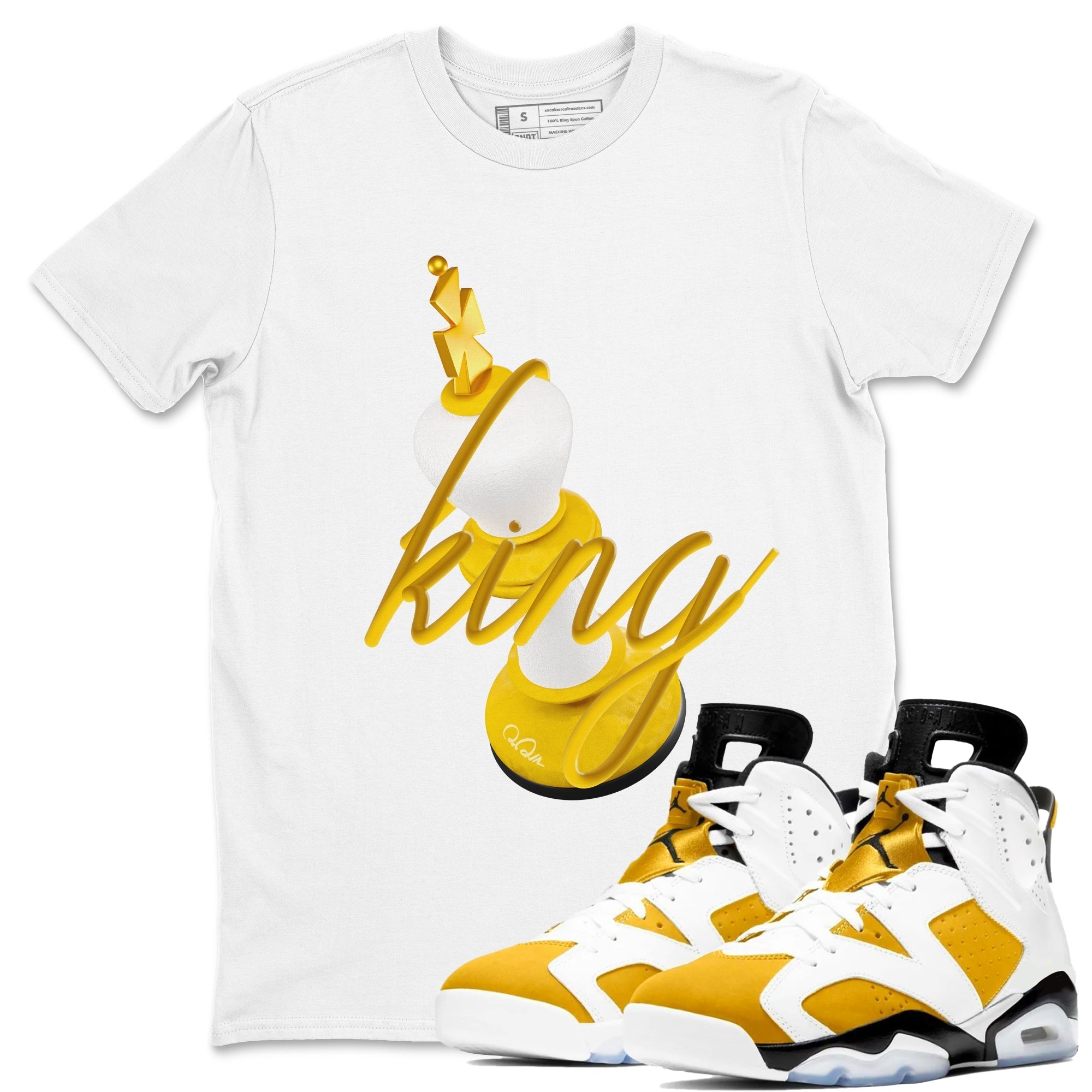 6s Yellow Ochre shirt to match jordans 3D King sneaker tees streetwear brand Air Jordan 6 Yellow Ochre Drip Gear Zone Brand Unisex White 1 T-Shirt