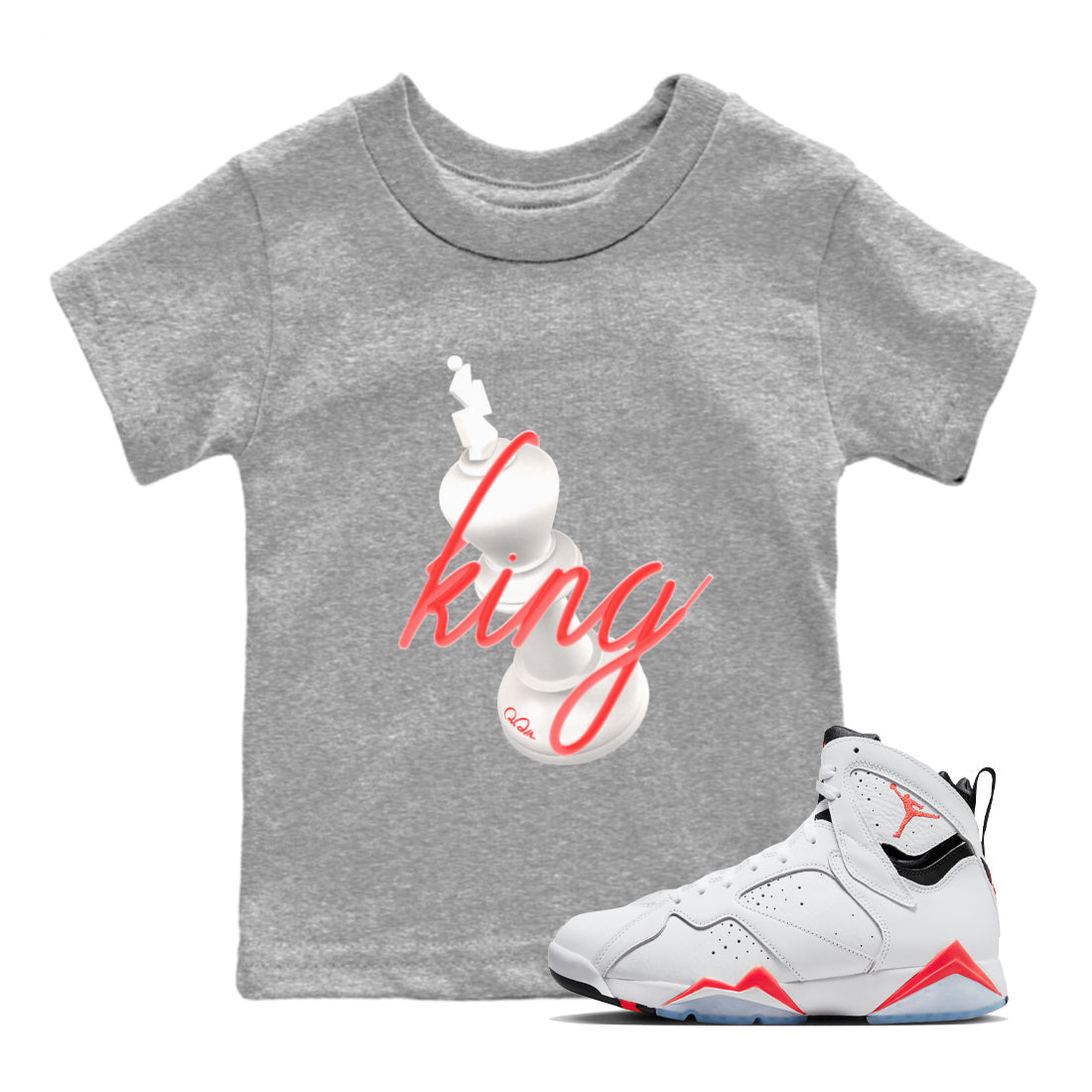 Air Jordan 7 Infrared Sneaker Match Tees 3D King Streetwear Sneaker Shirt AJ7 Infrared Sneaker Release Tees Kids Shirts Heather Grey 1