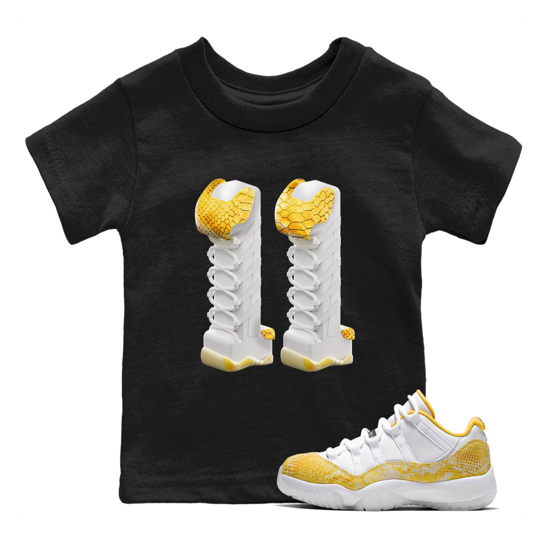 Air Jordan 11 Yellow Python Sneaker Match Tees 3D Number 11 Shirts AJ11 Yellow Python Drip Gear Zone Kids Shirts Black 1