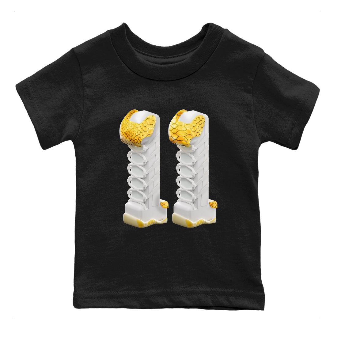 Air Jordan 11 Yellow Python Sneaker Match Tees 3D Number 11 Shirts AJ11 Yellow Python Drip Gear Zone Kids Shirts Black 2