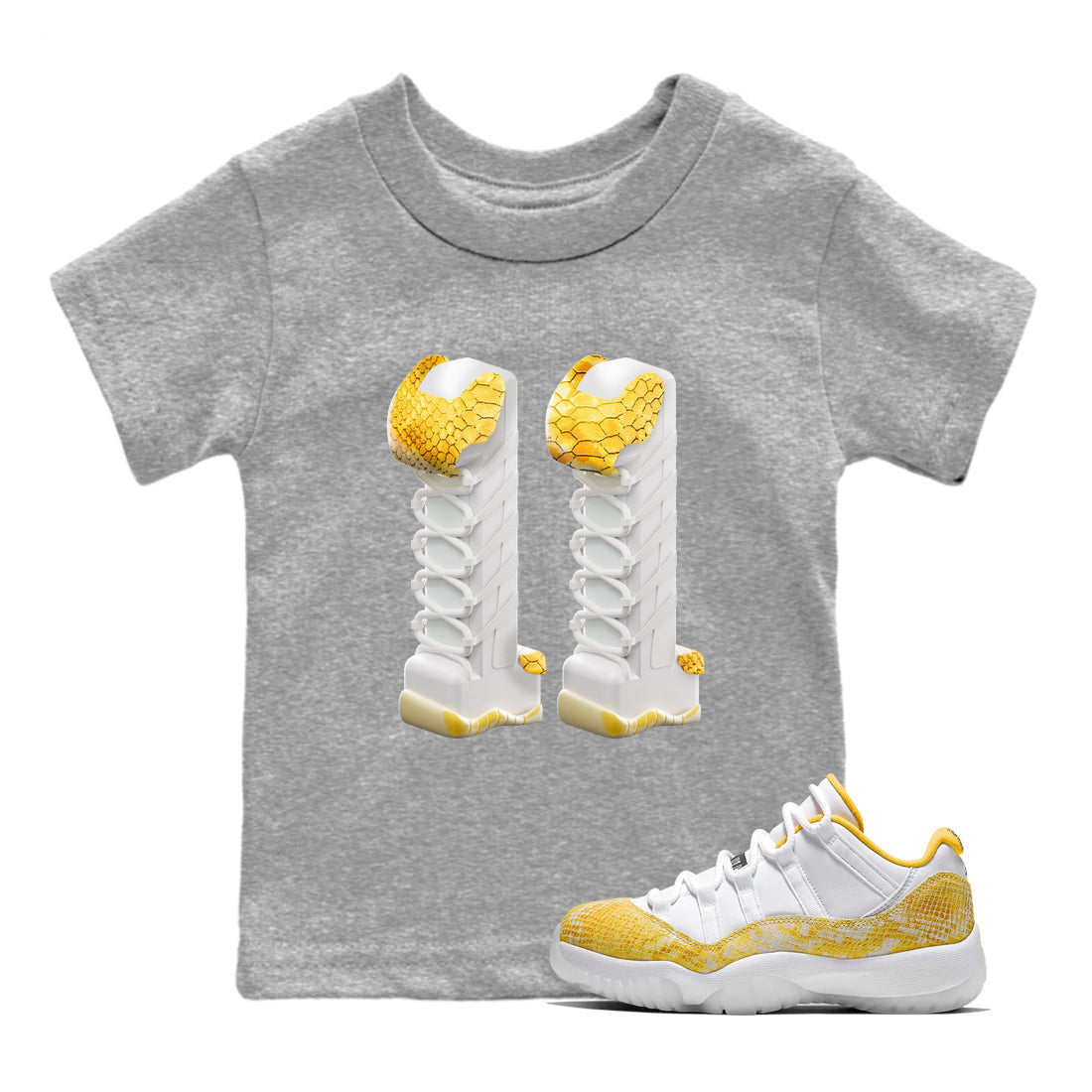 Air Jordan 11 Yellow Python Sneaker Match Tees 3D Number 11 Shirts AJ11 Yellow Python Drip Gear Zone Kids Shirts Heather Grey 1