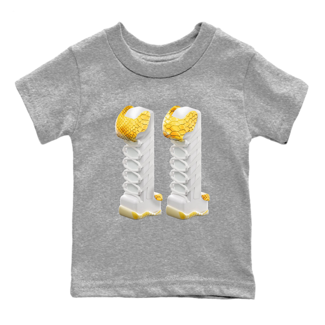 Air Jordan 11 Yellow Python Sneaker Match Tees 3D Number 11 Shirts AJ11 Yellow Python Drip Gear Zone Kids Shirts Heather Grey 2